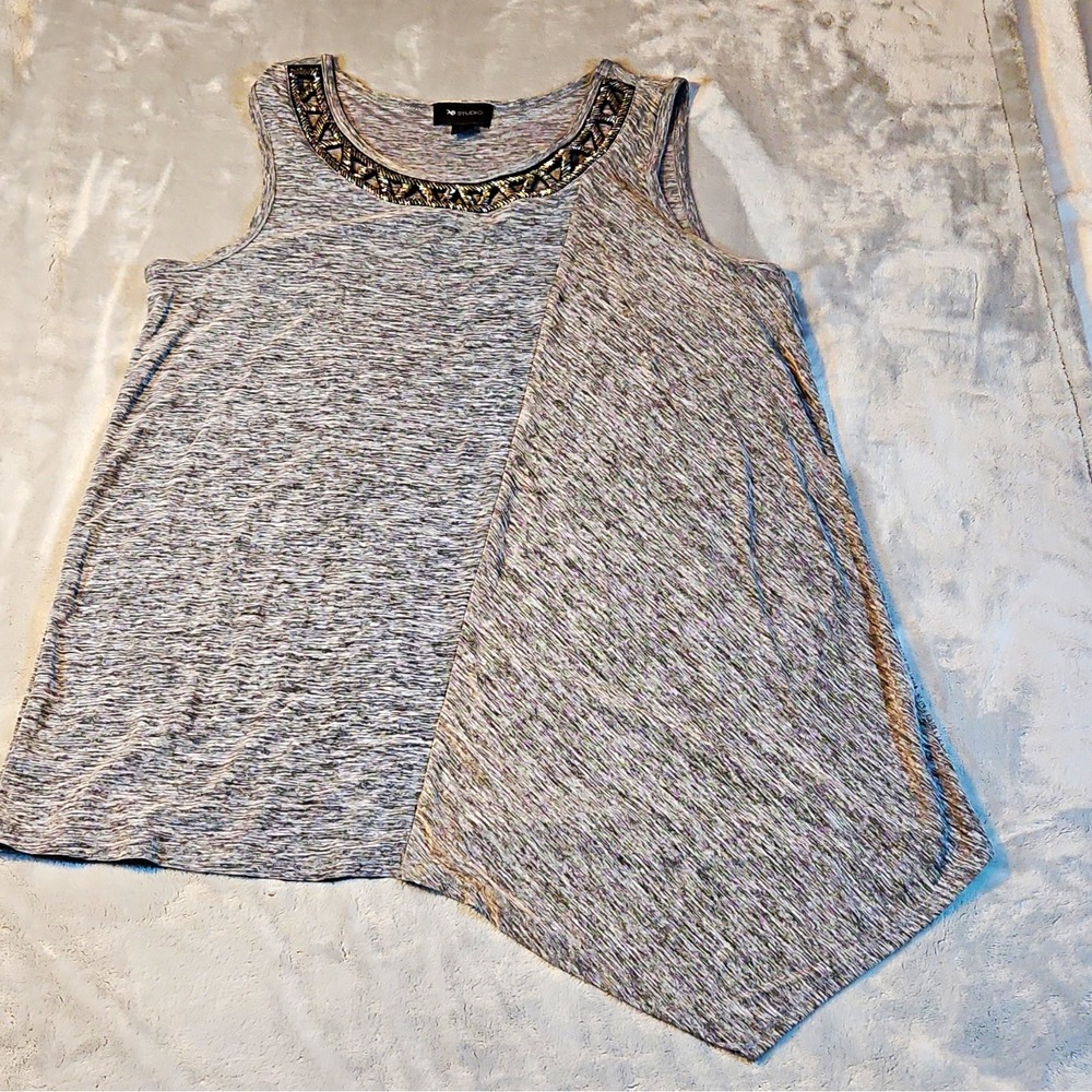 AB Studio Women's XL Gray Heather Sleeveless Scoop Neck Beaded Tank Top